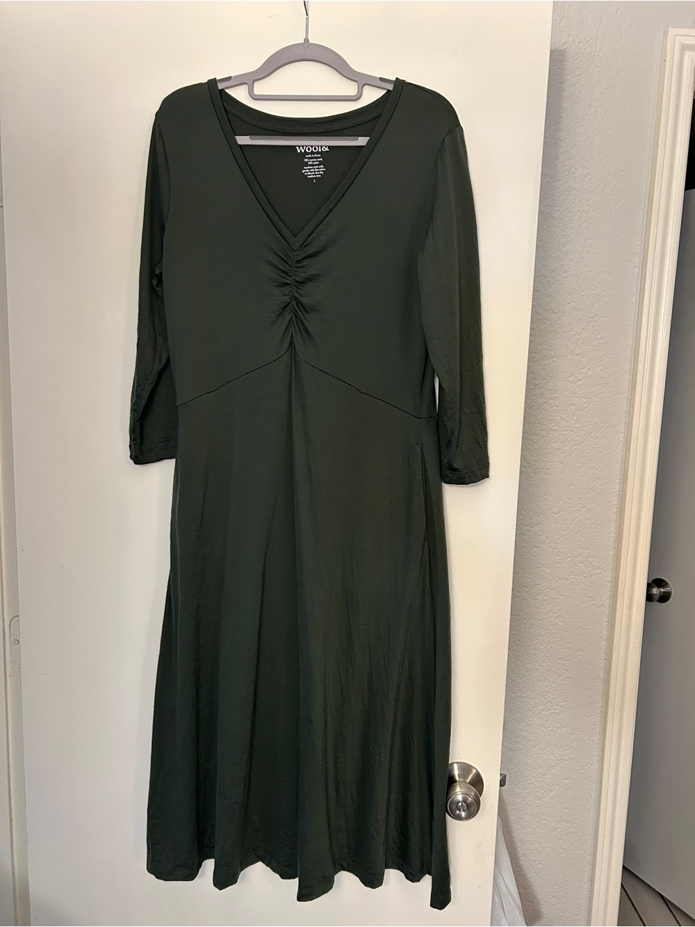 Wool& Merino Wool Women's V-Neck Ruched Midi Dress - Olive Wooland Amelia